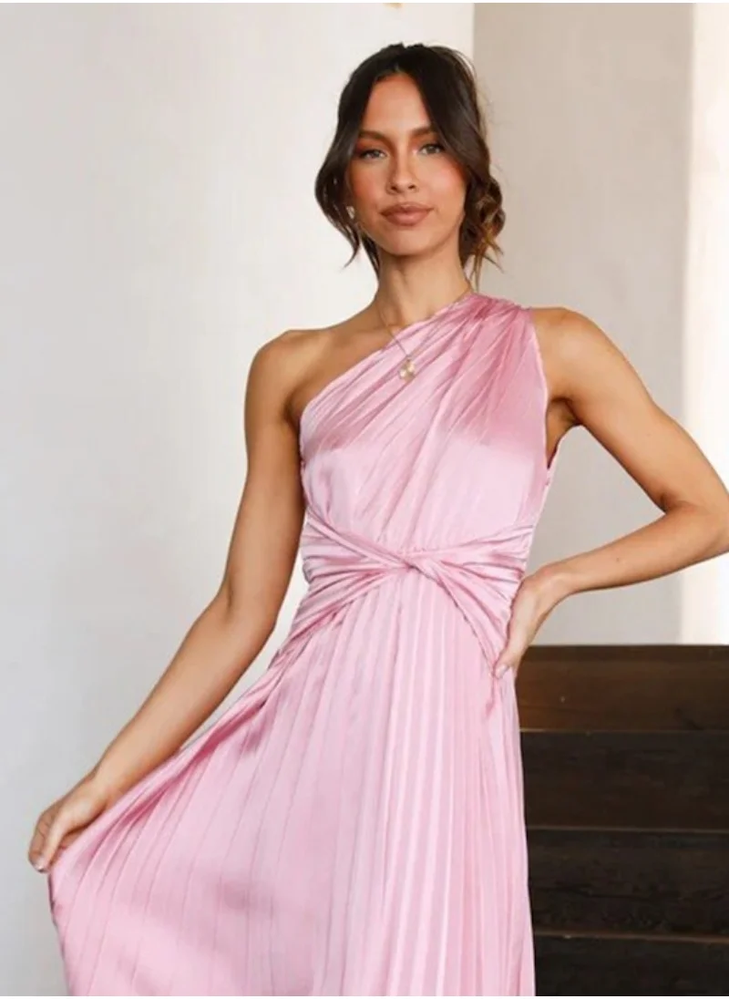 يونيكي Pink Accordion Pleated One Shoulder Maxi Cotton Dress