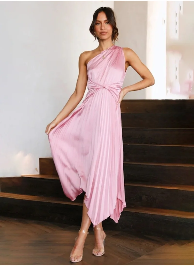 YUNIQEE Pink Accordion Pleated One Shoulder Maxi Cotton Dress