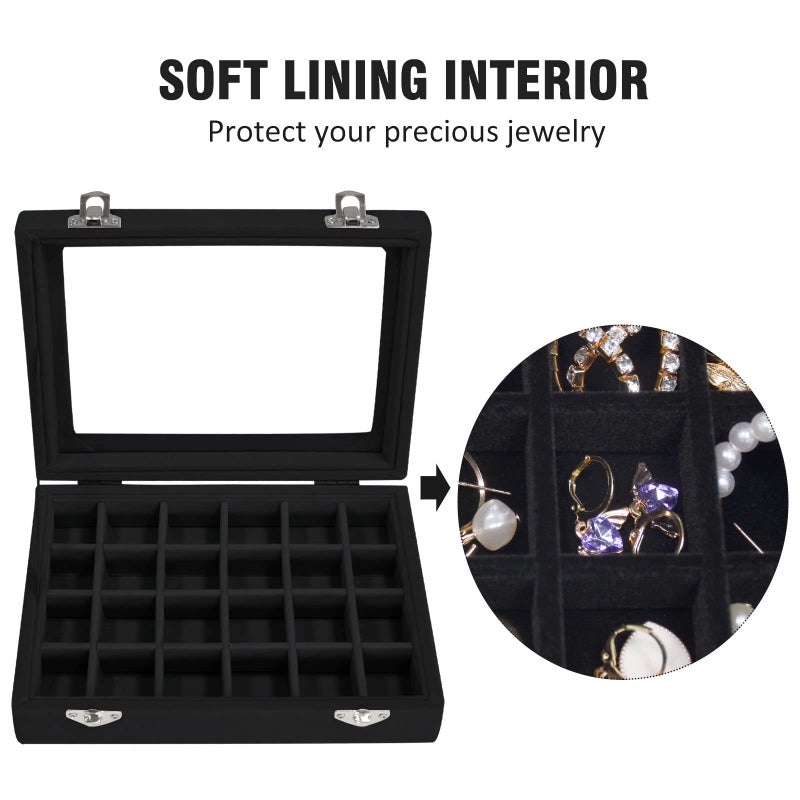 Vicoter Velvet Jewelry Box 24 Grid Jewelry Ring Display Organiser Box Tray Holder Earrings Storage Case for Girls Wife Mom Women (Black) - Image 3