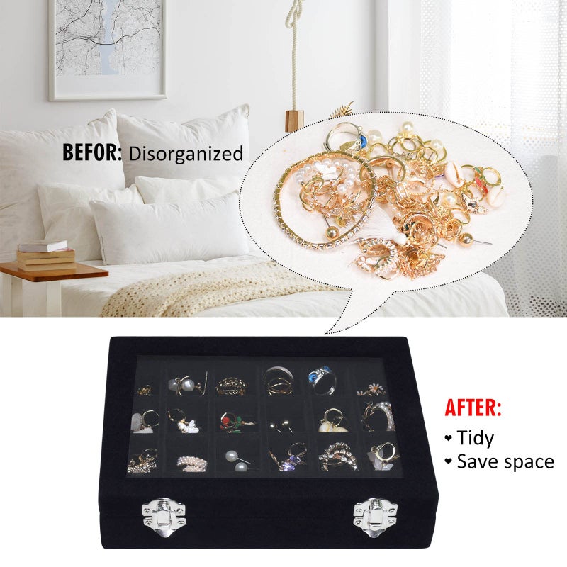 Vicoter Velvet Jewelry Box 24 Grid Jewelry Ring Display Organiser Box Tray Holder Earrings Storage Case for Girls Wife Mom Women (Black) - Image 5
