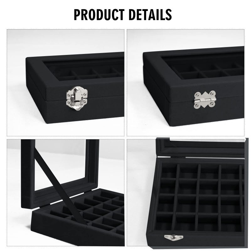 Vicoter Velvet Jewelry Box 24 Grid Jewelry Ring Display Organiser Box Tray Holder Earrings Storage Case for Girls Wife Mom Women (Black) - Image 4
