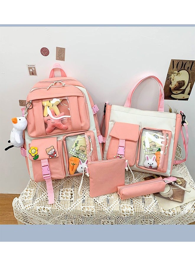 5-Piece Set of Backpack，Student backpack, Women's New Oxford Cloth Backpack，Fashionable and Casual Backpack, School backpack Cute Canvas Backpack Set, Teenage Popular Backpack gift pendant, Campus B  - Image 2