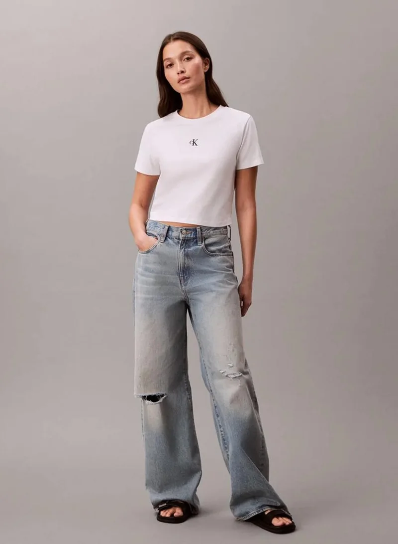 Calvin Klein Bright White Cropped Monogram T-Shirt for Women | Best Price UAE