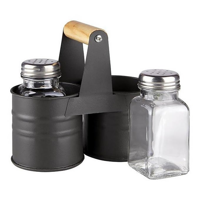 GLASS SALT AND PEPPER SHAKER SET WITH METAL TIN STORAGE HOLDER