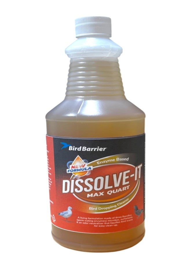 Bird Barrier Dissolve-It Max Enzyme Cleaner - Mix with Water - Bird Dropping Cleaner - Dissolves Waste - Treat Affected Areas Before Installing Bird Control Products - Bird Cage Cleaner - 1 Quart - Image 1