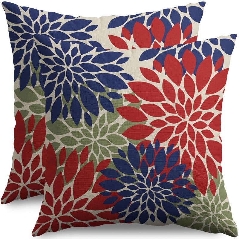 Smozenith Smozenith 4th of July Pillow Covers 16X16 Inch Set of 2  Patriotic Red Blue Green Dahlia Floral Print Holiday Decorative Throw Pillow Covers Outdoor Farmhouse Cushion Case for Couch Sofa Bed Decor  - Image 1