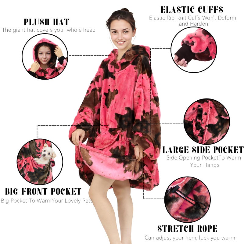cow print Pink Blanket Hoodie for Women & Teen Girls - Adult Wearable Hooded Blanket Sweatshirt with Giant Pocket, Cozy Fleece Plush Gifts for Women Girls Birthday - Image 2