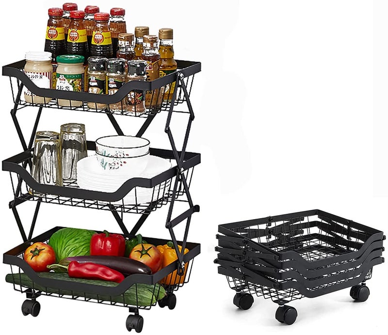 AWOKZA Fruit Vegetable Storage Basket CartFoldable Metal Wire Storage Basket Organizer with Rolling Wheels Produce Basket Bins Rack for Kitchen Pantry Bathroom 3Tier