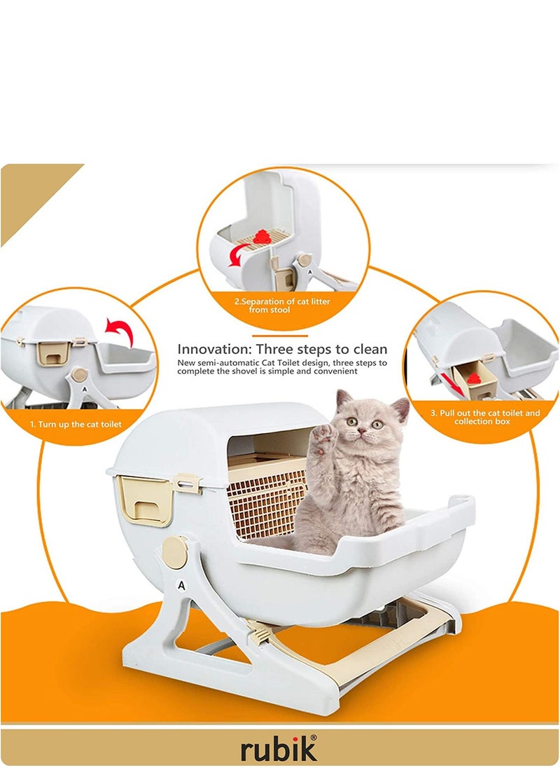 Rubik - Pet Cat Toilet Semi Automatic Quick Cleaning Odor Free Cat Litter Box Toilet For Adult Cats - Beige - Image 1
