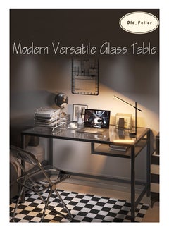 Old_Feller Modern Versatile Glass Entryway Table, Tv Table，Laptop Table ,Steel Black Tempered Glass Sofa Table,  Metal Frame, Easy to Assemble, Adjustable Feet, for Living Room, Hallway, Black 100X74X36cm  - Image 4