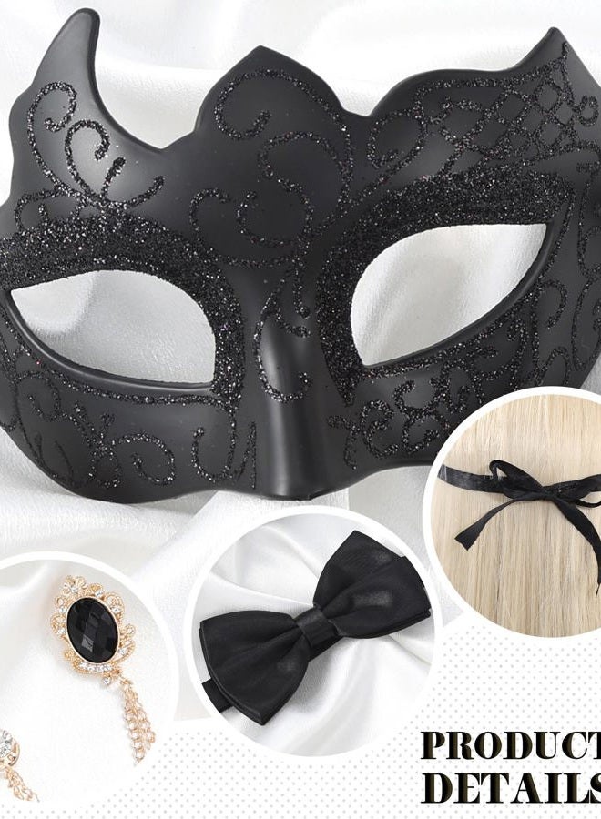 Zinniday 3 Pcs Masquerade Mask for Men, Black Opera Venetian Mask Set with Rhinestone Brooch Bowtie, Opera Half Face Masks Kit for Halloween Renaissance Mardi Gras Party Accessory - Image 4