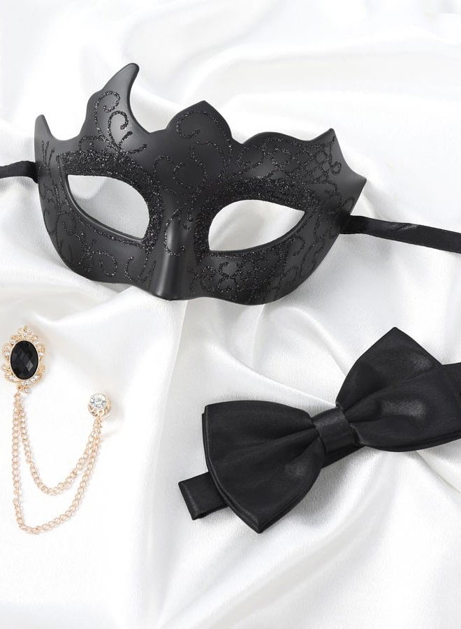 Zinniday 3 Pcs Masquerade Mask for Men, Black Opera Venetian Mask Set with Rhinestone Brooch Bowtie, Opera Half Face Masks Kit for Halloween Renaissance Mardi Gras Party Accessory - Image 3