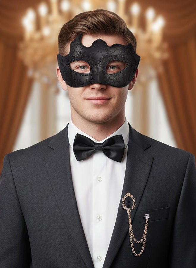 Zinniday 3 Pcs Masquerade Mask for Men, Black Opera Venetian Mask Set with Rhinestone Brooch Bowtie, Opera Half Face Masks Kit for Halloween Renaissance Mardi Gras Party Accessory - Image 2