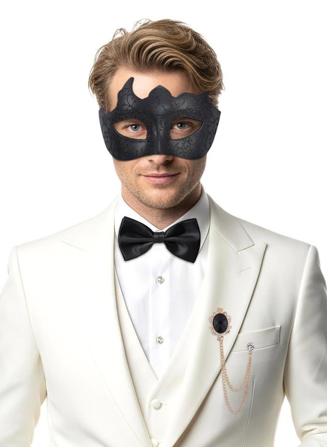 Zinniday 3 Pcs Masquerade Mask for Men, Black Opera Venetian Mask Set with Rhinestone Brooch Bowtie, Opera Half Face Masks Kit for Halloween Renaissance Mardi Gras Party Accessory - Image 1