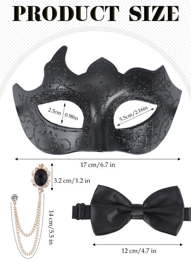 Zinniday 3 Pcs Masquerade Mask for Men, Black Opera Venetian Mask Set with Rhinestone Brooch Bowtie, Opera Half Face Masks Kit for Halloween Renaissance Mardi Gras Party Accessory - Image 5