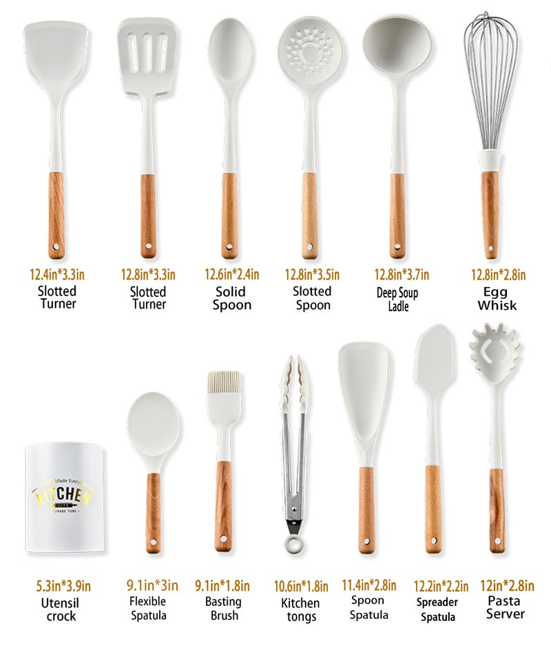 Keidason Silicone Kitchen Utensils Set,446°F Heat Resistant 13 Piece Wood Handle For Non-stick Cooking Set (BPA Free) Turner,Tongs,Spatula,Spoon,Brush,Whisk -White - Image 2