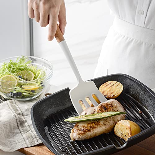 Keidason Silicone Kitchen Utensils Set,446°F Heat Resistant 13 Piece Wood Handle For Non-stick Cooking Set (BPA Free) Turner,Tongs,Spatula,Spoon,Brush,Whisk -White - Image 4
