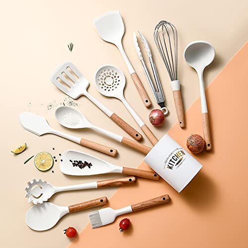 Keidason Silicone Kitchen Utensils Set,446°F Heat Resistant 13 Piece Wood Handle For Non-stick Cooking Set (BPA Free) Turner,Tongs,Spatula,Spoon,Brush,Whisk -White - Image 5
