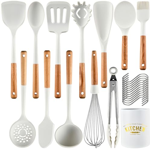 Keidason Silicone Kitchen Utensils Set,446°F Heat Resistant 13 Piece Wood Handle For Non-stick Cooking Set (BPA Free) Turner,Tongs,Spatula,Spoon,Brush,Whisk -White - Image 1