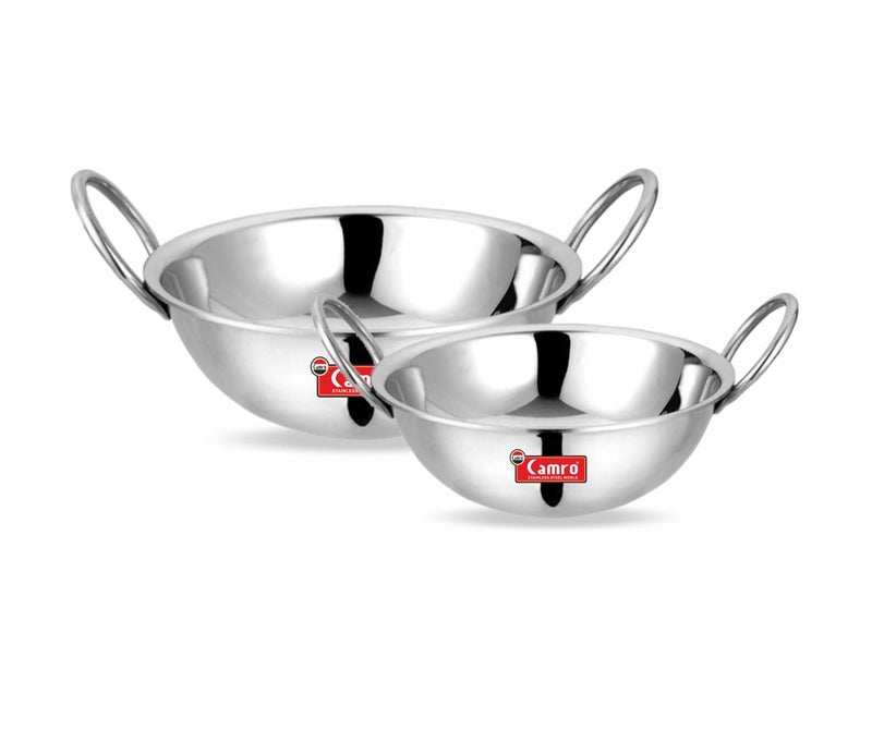 Camro Steel Camro Triply Round Bottom Kadhai Set, (12 No, 14 No) 2 Liters, 3 Liters | Versatile Cooking Utensil | Gas Stove Compatible | Dishwasher Safe | 6 Years Warranty - Image 1