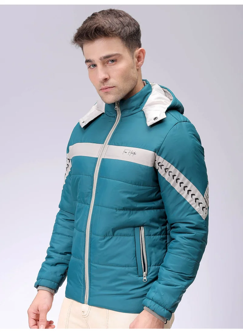 The Indian Garage Co Mens Green Slim Fit Color Block Hooded Zipper Placket Side Pocket Winter Jacket