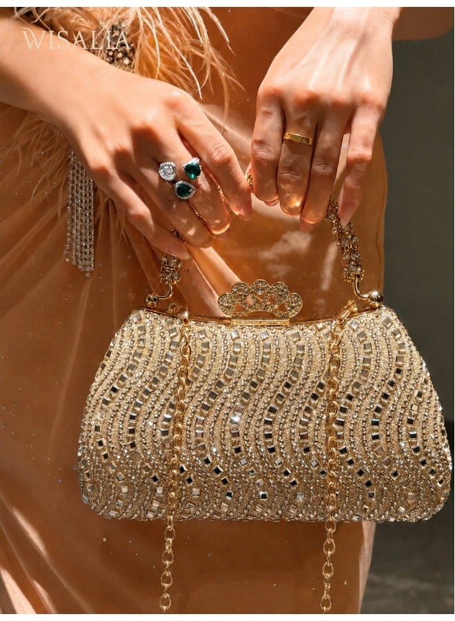 Wisalia Women's Clutch Bag Sparkly Evening Clutch Purse, Gold Rhinestone Handbag with Crown Clasp and Detachable Chain for Wedding Party Cocktail Prom Evening Events - Image 1