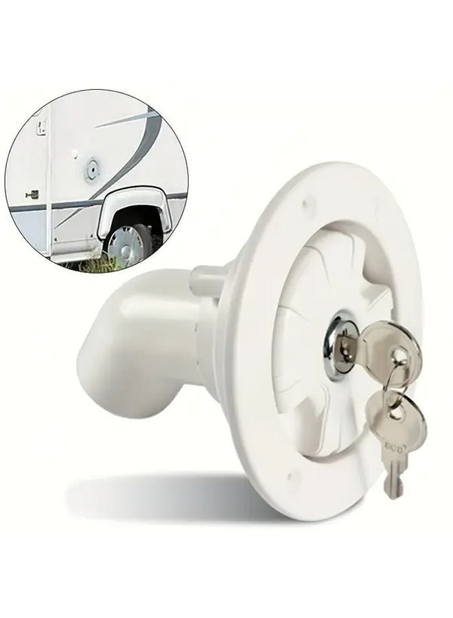 White RV Freshwater Tank Gravity Fed Filler With Locking Key And Clear View Window - Image 1