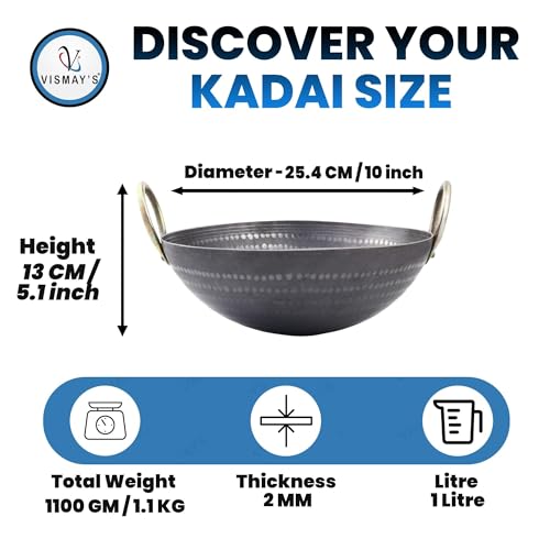 VISMAY'S 1 Litre 10 inch Food Grade Iron Kadai India’s 1st Smooth Edge Kadhai Strong Riveted Handle Traditional Frying Pan Wok Hammered Heavy Base Metal Spoon Friendly Works on Gas and Induction - Image 2