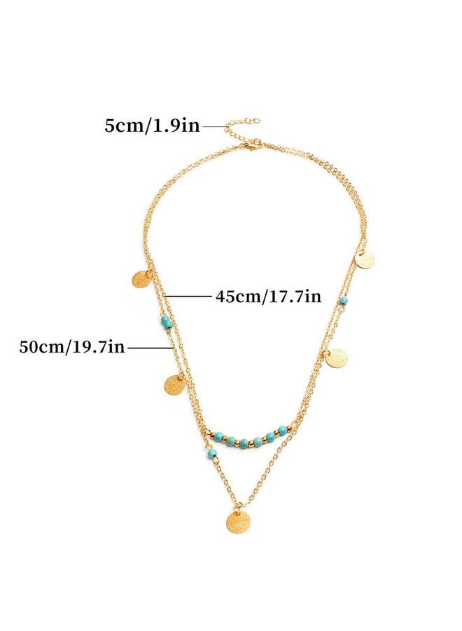 تي جيرلز قلادة بوهو فيروزية مع قلادة ذهبية من الترتر قلادة من الخرز متعدد الطبقات سلسلة قلادة غربية مجوهرات للنساء - Image 3