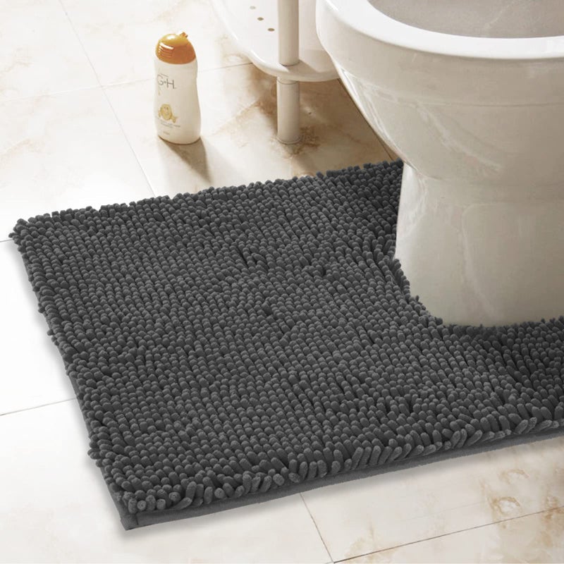 ITSOFT NonSlip Shaggy Chenille Toilet Contour Bathroom Rug with Water Absorbent 24 x 21 Inches UShaped Charcoal Gray