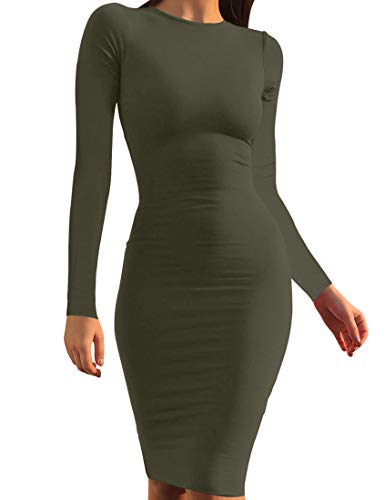 Mokoru Women's Casual Basic Pencil Dress Sexy Long Sleeve Bodycon Midi Club Dress, Medium, Army Green - Image 1