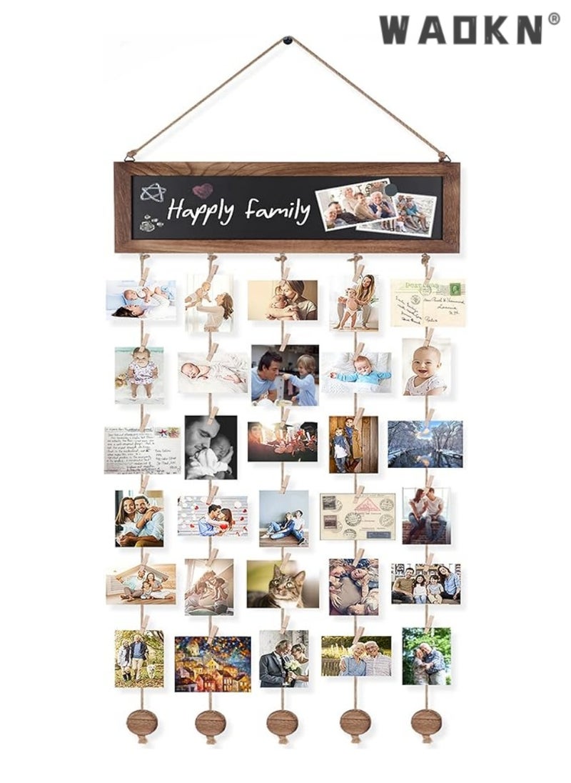 WAOKN - Rustic Wooden Photo Display Board with Blackboard Backdrop & 30 Clips - Carbon Black Collage Frame Set for Wall Décor, Lightweight Picture Frames for Creative Hangings - Image 1