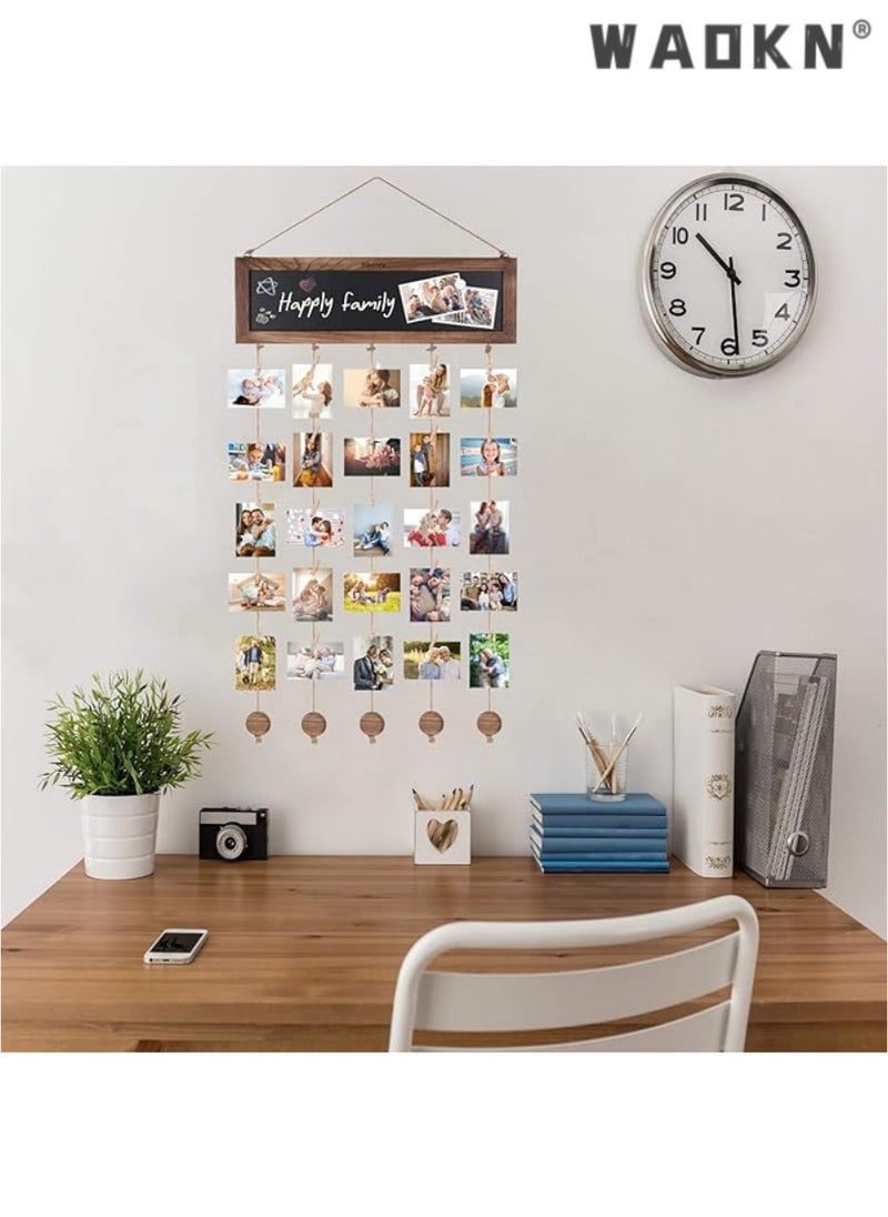 WAOKN - Rustic Wooden Photo Display Board with Blackboard Backdrop & 30 Clips - Carbon Black Collage Frame Set for Wall Décor, Lightweight Picture Frames for Creative Hangings - Image 1