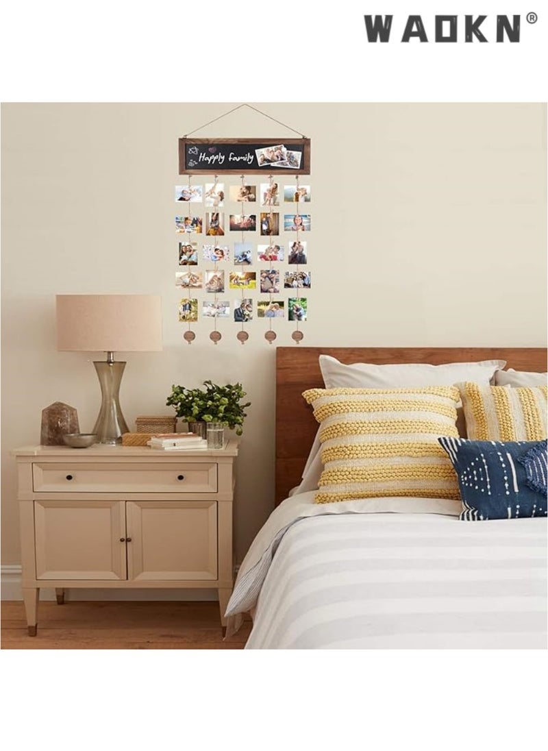 WAOKN - Rustic Wooden Photo Display Board with Blackboard Backdrop & 30 Clips - Carbon Black Collage Frame Set for Wall Décor, Lightweight Picture Frames for Creative Hangings - Image 1