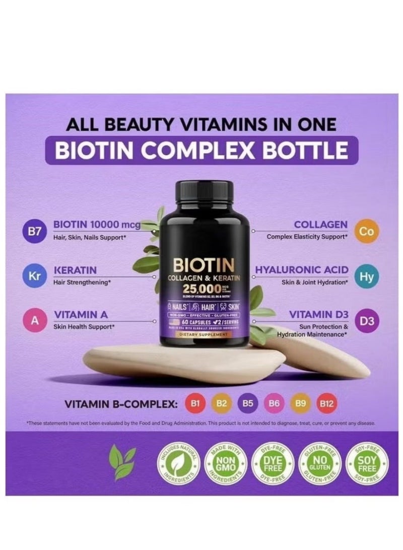 Biotin Collagen & Keratin Complex 2 Pack – 25 000 mcg Hair Skin & Nails Supplement with Hyaluronic Acid B Vitamins B2 B3 B6 B7 – Clinically Tested for Women & Men – 60 Capsules per Bottle - Image 5