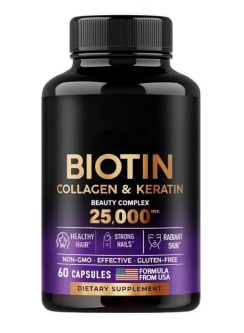 Biotin Collagen & Keratin Complex 2 Pack – 25 000 mcg Hair Skin & Nails Supplement with Hyaluronic Acid B Vitamins B2 B3 B6 B7 – Clinically Tested for Women & Men – 60 Capsules per Bottle - Image 4