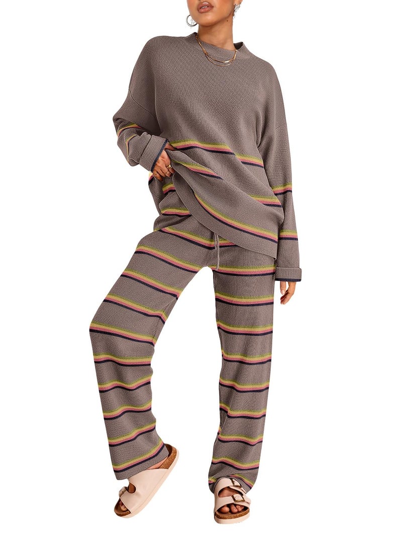 LILLUSORY 2 Piece Sets for Women 2025 Fall Outfits Two Piece Lounge Sets Sweatsuits Striped Knit Sweater Clothes Fashion StripedNutmeg M - Image 1