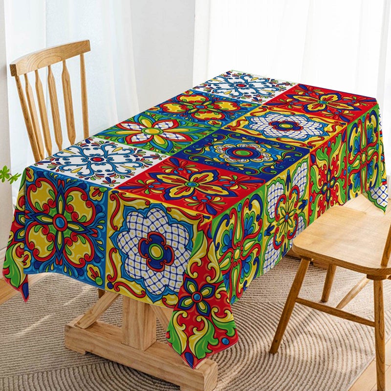 Hafangry Mexican Talavera Ceramic Tile Tablecloth Rectangle Table Cover for Dia De Los Muertos Day of The Dead Birthday Party Decoration Home Dinner Kitchen Table Decor6084inch