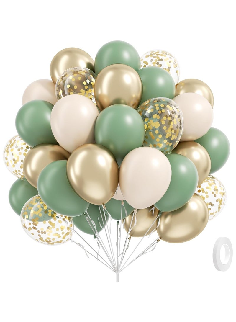 HOME ZONE 60pcs 12inch Sage green Sand White Metallic Gold Confetti Balloons for Birthday Wedding - Image 1