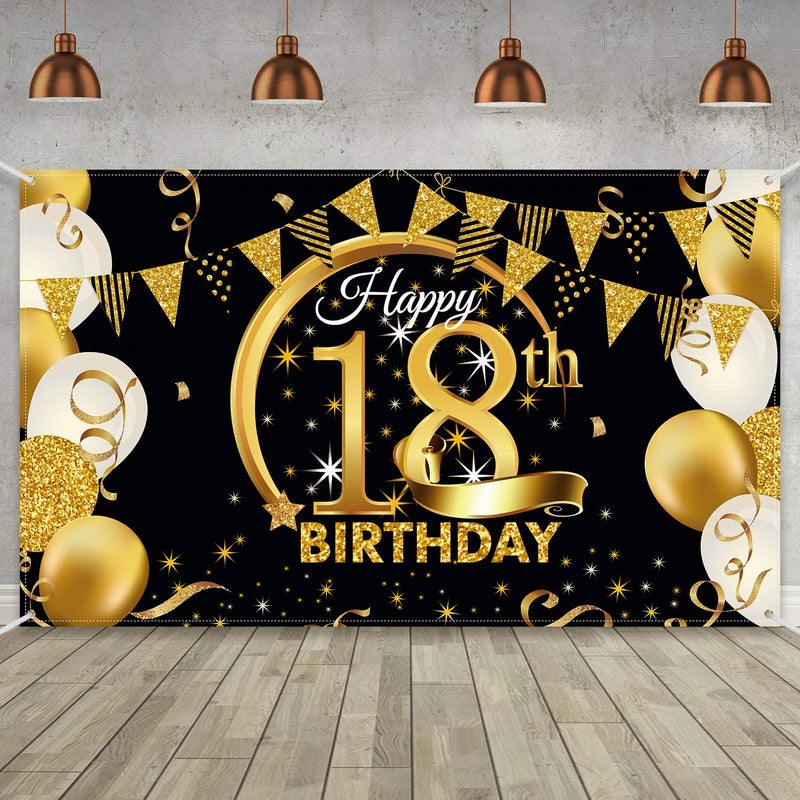 Blulu Birthday Party Decoration Extra Large Fabric Black Gold Sign Poster for Anniversary Photo Booth Backdrop Background Banner, Birthday Party Supplies, 72.8 x 43.3 Inch (18th) - Image 1