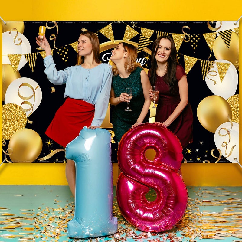 Blulu Birthday Party Decoration Extra Large Fabric Black Gold Sign Poster for Anniversary Photo Booth Backdrop Background Banner, Birthday Party Supplies, 72.8 x 43.3 Inch (18th) - Image 4