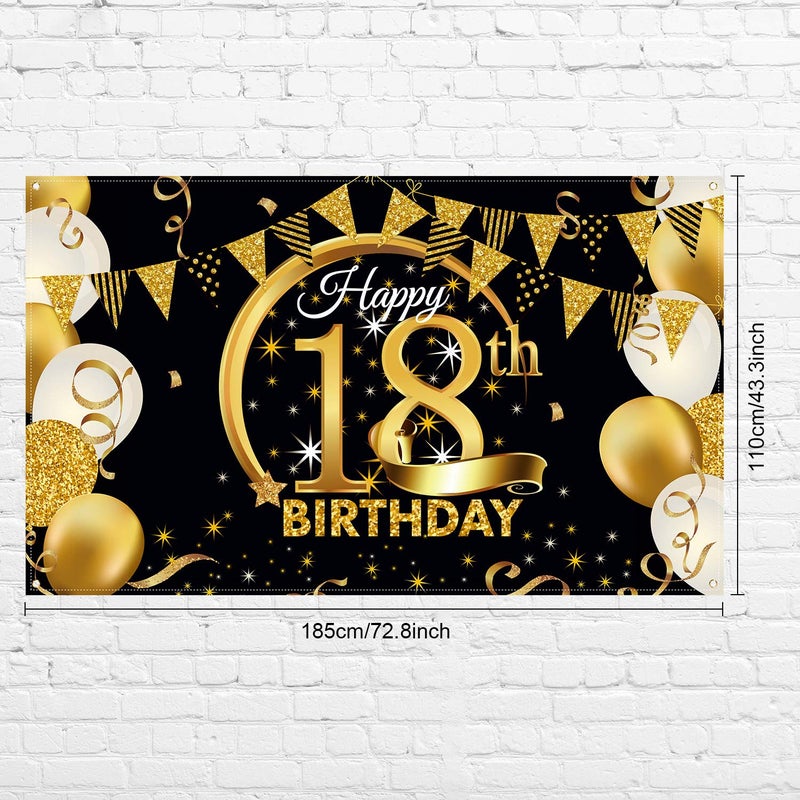 Blulu Birthday Party Decoration Extra Large Fabric Black Gold Sign Poster for Anniversary Photo Booth Backdrop Background Banner, Birthday Party Supplies, 72.8 x 43.3 Inch (18th) - Image 2