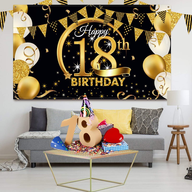 Blulu Birthday Party Decoration Extra Large Fabric Black Gold Sign Poster for Anniversary Photo Booth Backdrop Background Banner, Birthday Party Supplies, 72.8 x 43.3 Inch (18th) - Image 5