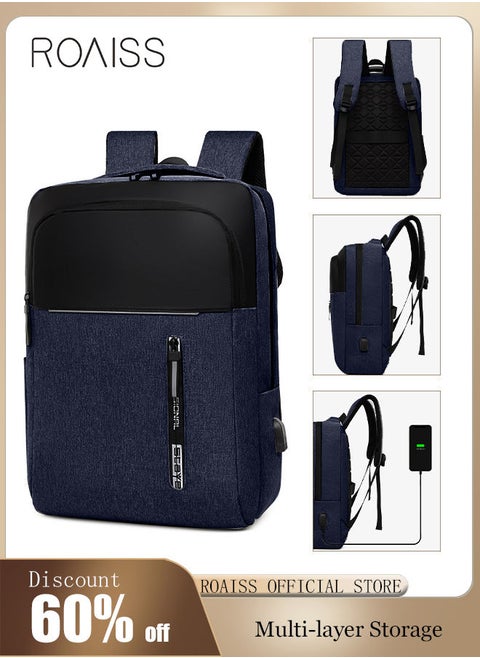 Multifunction Waterproof Backpack with USB Port Colorblock Waterproof Oxford School Bag for Men Work Travel Flight Business Commuter 15.6" Laptop Blue