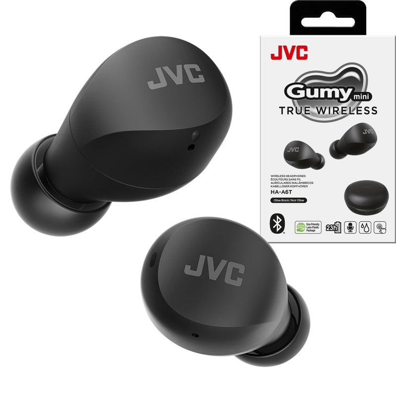 JVC Compact and Lightweight Gumy Mini True Wireless Earbuds Headphones, Long Battery Life (up to 23 Hours), Sound with Neodymium Magnet Driver, Water Resistance (IPX4) - HAA6TB (Black) - Image 1
