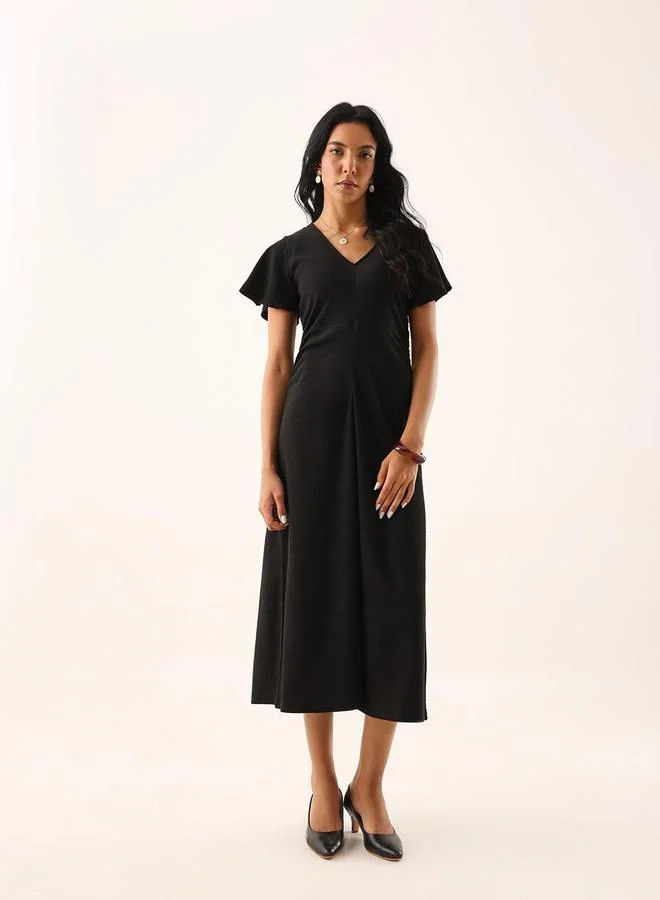 هاي ستار Black Textured Frill Sleeve Midi Dress
