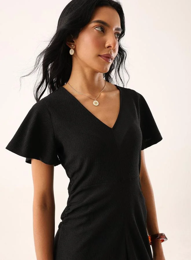High Star black Black Textured Frill Sleeve Midi Dress for Women | Best Price UAE