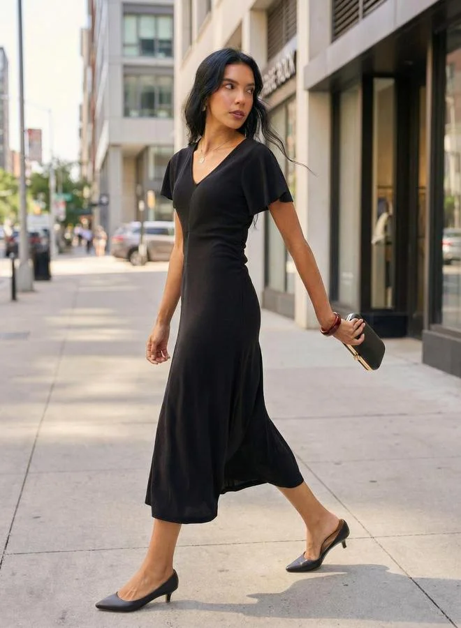 هاي ستار Black Textured Frill Sleeve Midi Dress
