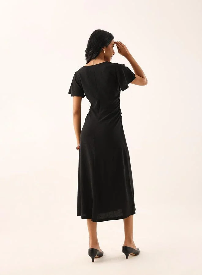 High Star black Black Textured Frill Sleeve Midi Dress for Women | Best Price UAE