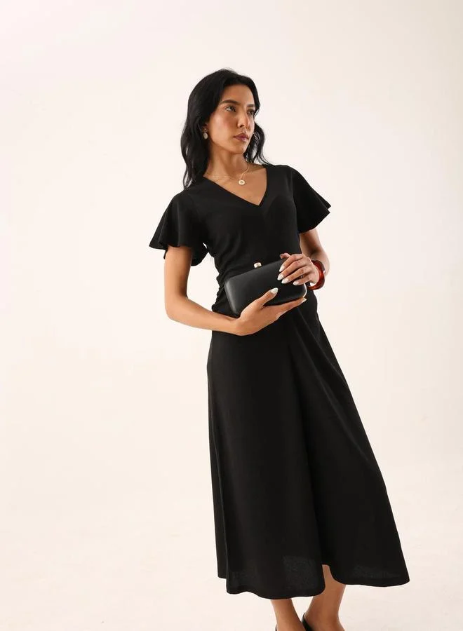 High Star black Black Textured Frill Sleeve Midi Dress for Women | Best Price UAE